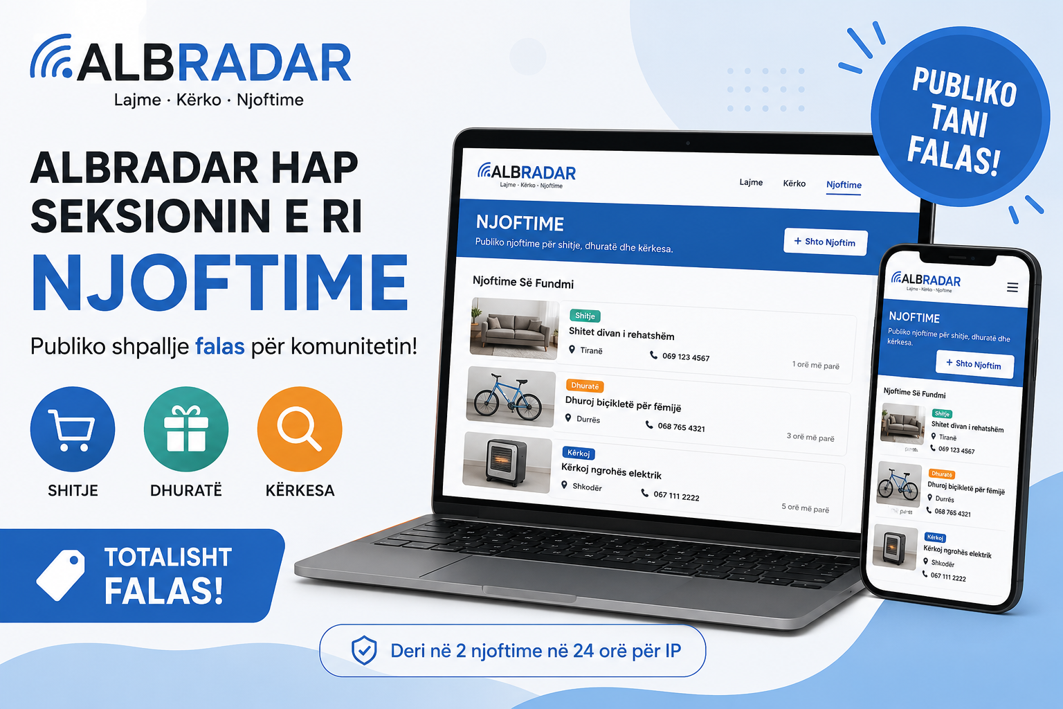 AlbRadar hap seksionin “Njoftime”: publiko shpallje falas për shitje, dhurata dhe kërkesa
